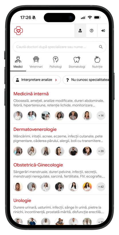 Lista de medici din aplicația Medic Chat